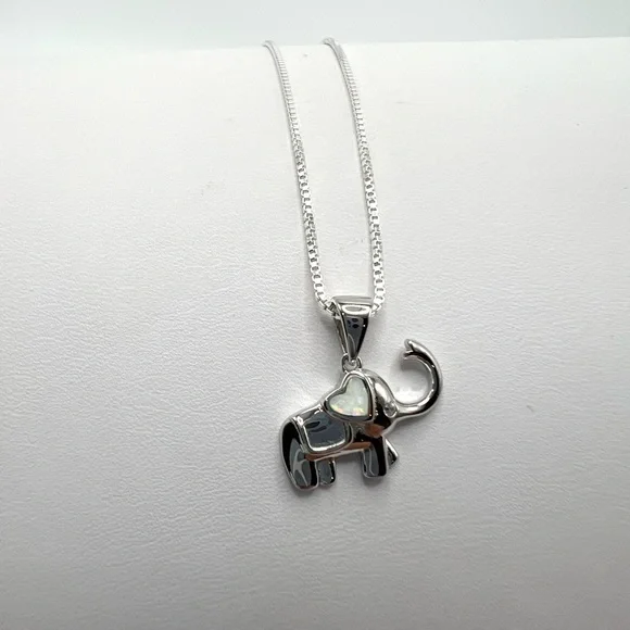 .925 Sterling Silver Elephant Necklace with Lab Opal Heart Ear